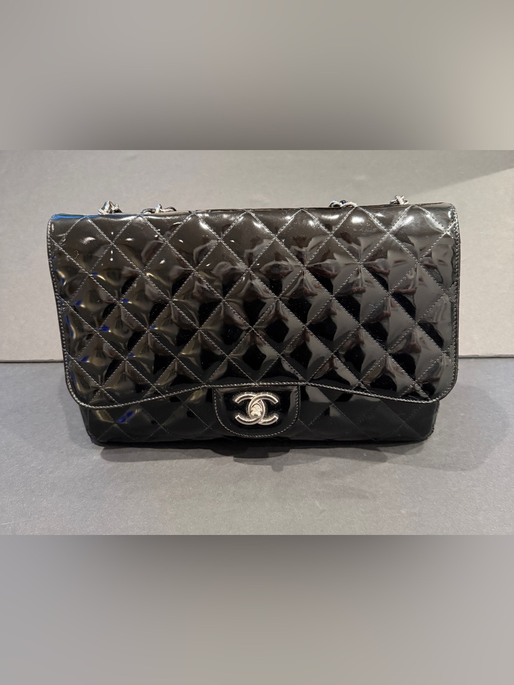 CHANEL Jumbo Black Patent Leather Classic Flap Bag